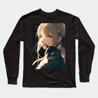 Cute Anime Girl With A Black Cat Long Sleeve T-Shirt